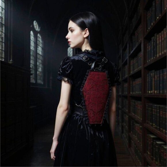 Widow ✦ Vegan Leather Coffin Backpack ✦ Gothic Brocade Lace Trim OS NWT - Picture 7 of 12